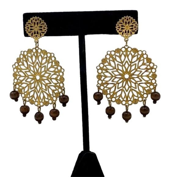 Gold Filigree Statement Earrings with Bead Drops - Picture 2 of 7